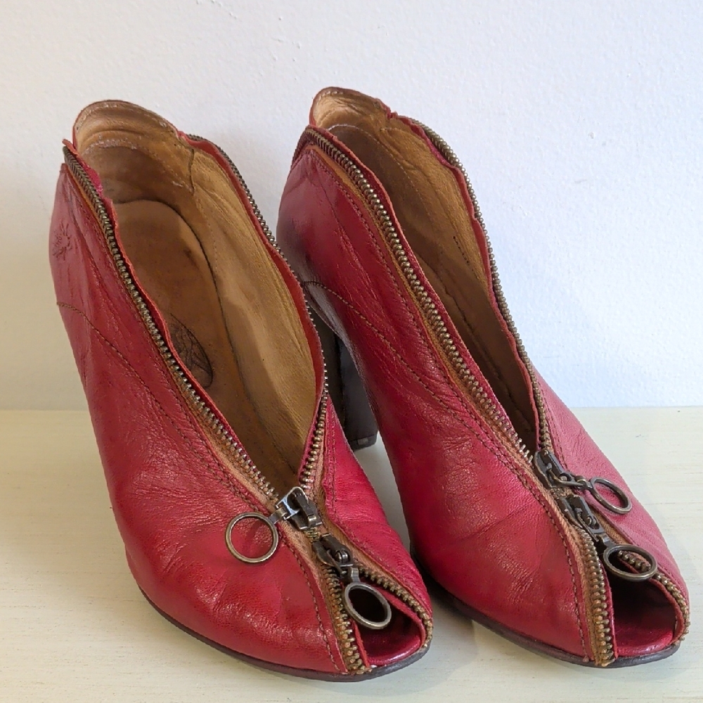 Red Women's Leather Zip-Peep Toe Heels